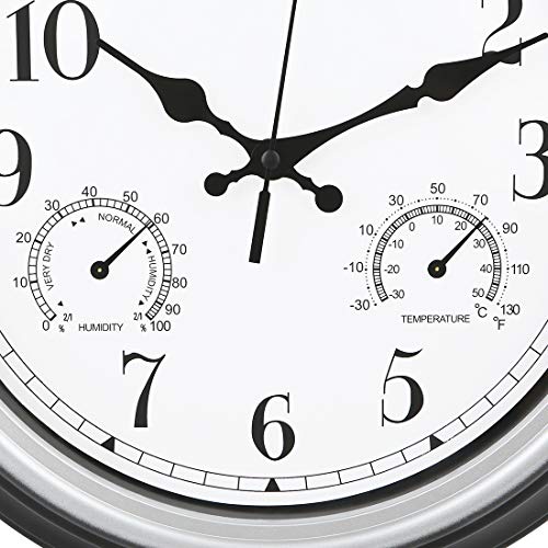 Amotpo Indoor/Outdoor Wall Clock,12-Inch Waterproof Clock With Thermometer And Hygrometer Combo,Battery Operated Quality Quartz Round Clock,Silver #TOP4