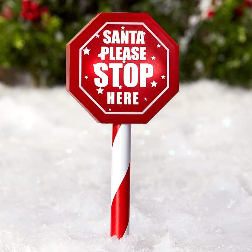 Santa Stop Here Yard Stake - Solar Lighted Christmas Sign for Outdoors