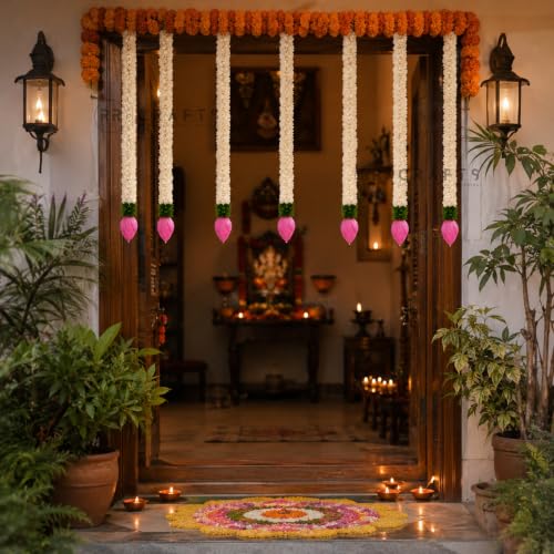 Image of Artificial Flower Hanging Garland | Lotus Gajra for Mandir Decoration & Pooja Decor | Wall /Door Hanging Flowers for Home, Diwali, Ganpati & Festival Decoration (White & Pink) 7 pcs