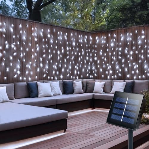 DBFAIRY Solar Curtain Lights,13ft x 3.3ft 200 LED Outdoor Solar Curtain Lights Waterproof Green Wire...