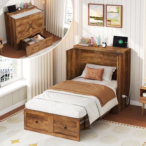 Image of LUXOAK Twin Murphy Bed with Built-in Charging Station and Storage Drawer, Farmhouse Foldable Cabinet Bed for Guest Room, Apartment or Home Office, Barnwood