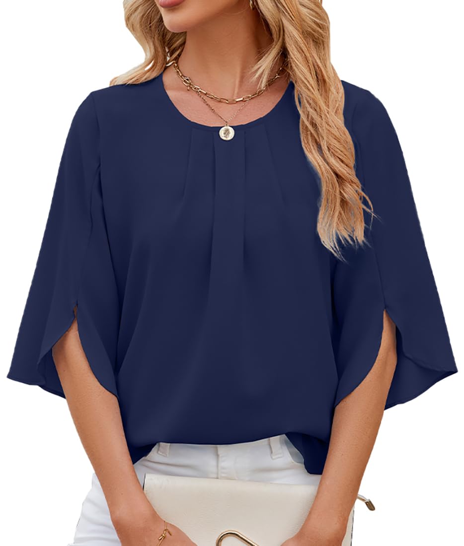 OLIPHEE Blusa De Mujer Camisa Elegante Manga De Volante Cuello Redondo Color Liso Camiseta Casual Holgada Primavera Verano