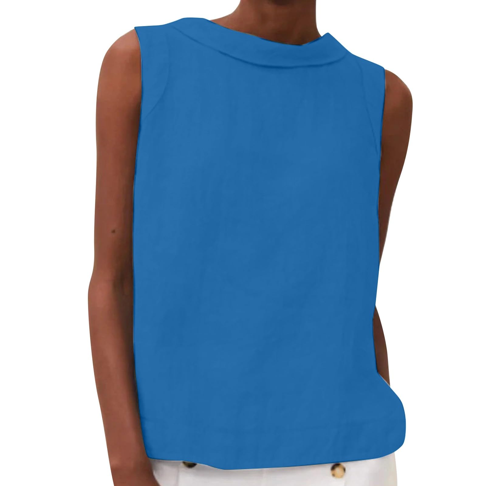 Women's Cotton Linen Tank Tops High Neck Casual Cami Sleeveless Camisole Blouses Summer Basic Shirt Solid Color Crop Tops(Blue,XX-Large) โ image 1