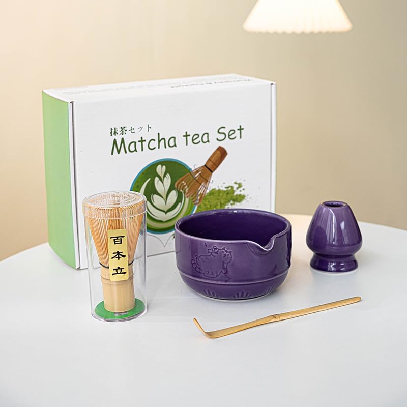 7Pcs Matcha Whisk Set,Ceramic Matcha Tea Set Includes Whisk Matcha Bowl Scoop and Whisk with Holder Sifter Towel,Elegant Matcha Kit Gift for Matcha Enthusiasts and Tea Lovers(Purple)