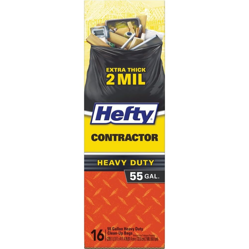 Hefty E25516 Heavy Duty Contractor Trash Bags, 55 galon, 16 Count