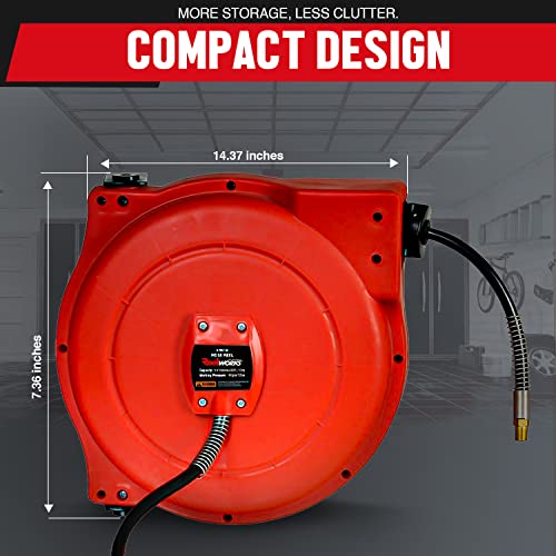 Reelworks Air Hose Reel Retractable 1/4" Inch X 33’ Feet Premium Water Flex Hybrid Polymer Hose Max 180 Psi Heavy Duty Polypropylene Case Construction Industrial Spring Driven #TOP6
