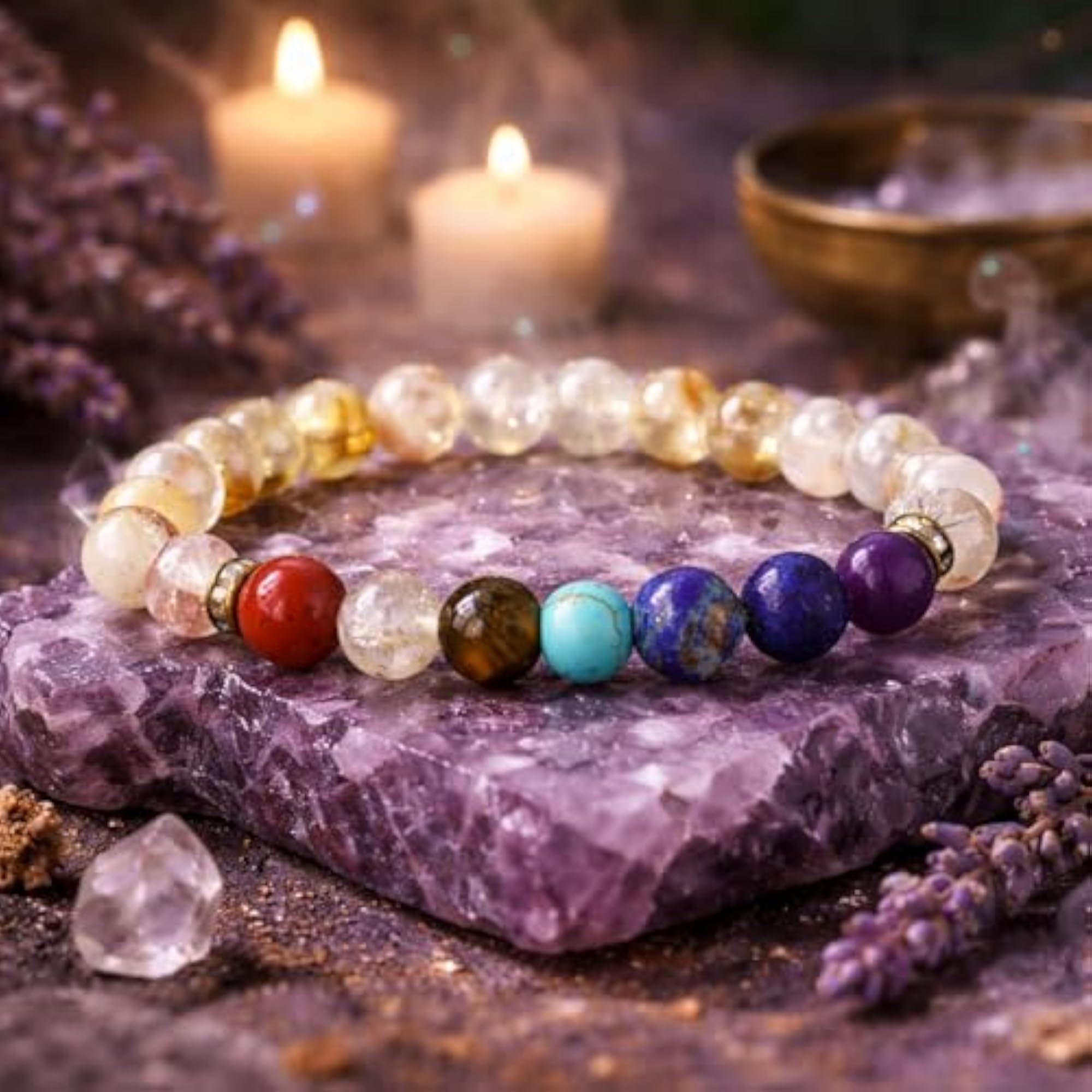 Seven Chakra Healing Crystal Bracelet with Amethyst, Lapis Lazuli, Tiger Eye