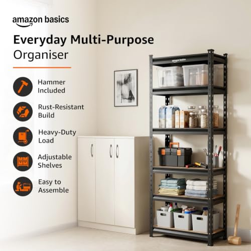 Image of Amazon Basics 6-Tier Storage Rack | Bolt-Free Assembly | Metal Stand & Thick MDF Board | 175kg Capacity Per Shelf | 72H x 24W x 12D inch Adjustable Shelf Rack for Home, Garage & Shop | Black