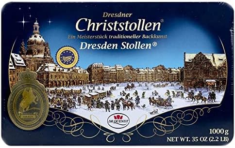Dr. Quendt Christstollen Traditional Stollen Recipe with Heavy Yeast Dough with Butter, Rum Raisins, Cake is Densely Coated in Confection Sugar, Imported from Germany 1kg in Collectible Tin