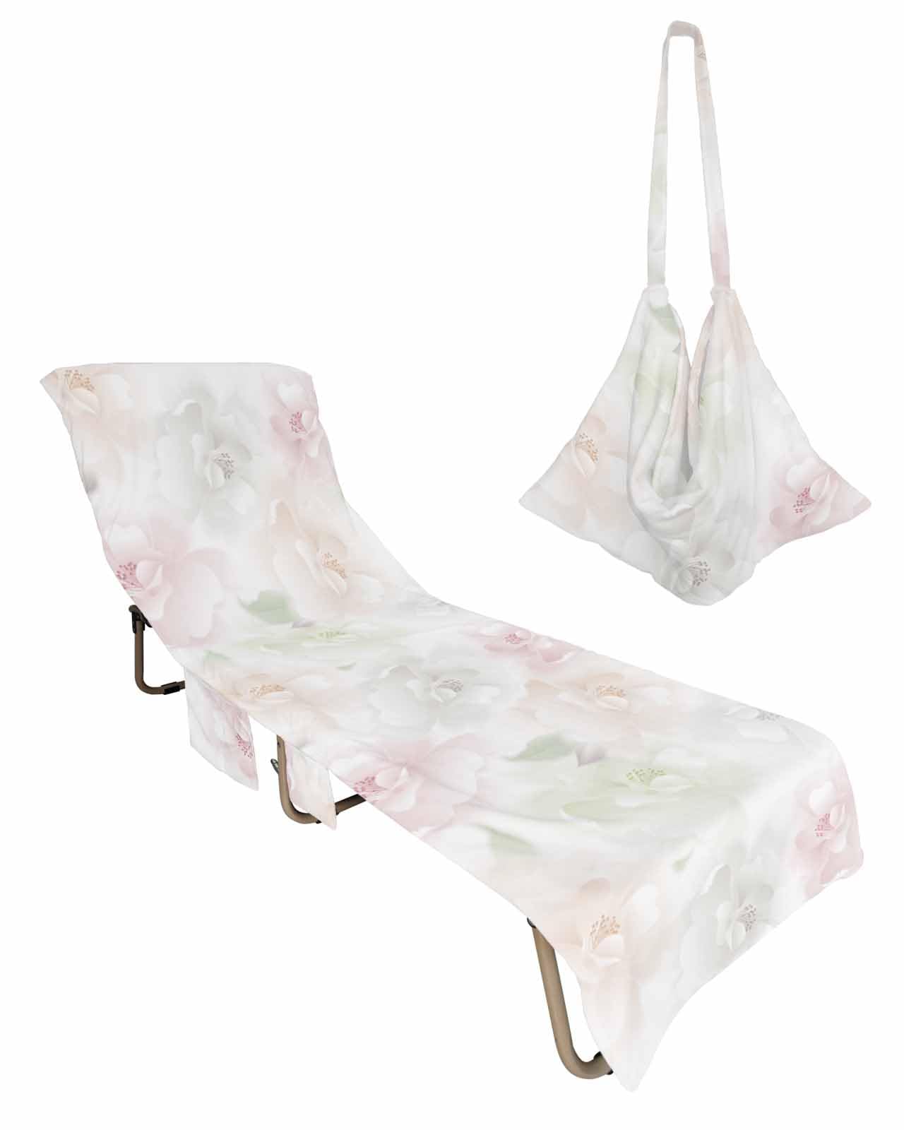 Pink White Floral Beach Chair Towel Covers for Chaise Lounge with Side Pocket, Soft Plush Pool Towels Cover for Patio Sunbathing Outdoor Rose Flower Spring Botanical Watercolor 29''x85''