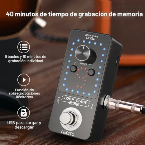 Miniatura 4 de Lekato Función De Afinador De Pedal De Efecto Looper De 9 Bucles Con Cable Usb Para Guitarra Eléctrica Y Bajo