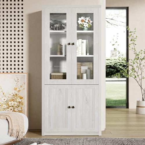 A ALFRESCOOL Armario alto moderno de 80 x 34 x 171 cm, aspecto de madera con puertas de cristal, 2 puertas de madera y tiradores de cobre, elegante espacio de almacenamiento para salón, oficina y
