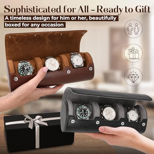 Image of Luxury Father's Gift, Travel Watch Case 3 Slots, Bonus Pouch Included, Portable Organizer, PU Leather Watch Roll, Home Storage, Angled Easy-Removal Cushions, Scratch-Resistant Padded Velvet Lining