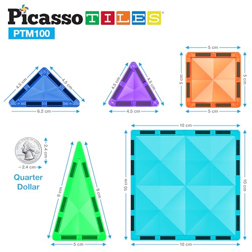 Image of PicassoTiles 100pc Magnetic Tile Mini Diamond Set Travel Size STEM Educational Building Kit for Toddlers Preschool Boys Girls Age 3 Plus Montessori Indoor Learning Toy for Creative Development PTM100