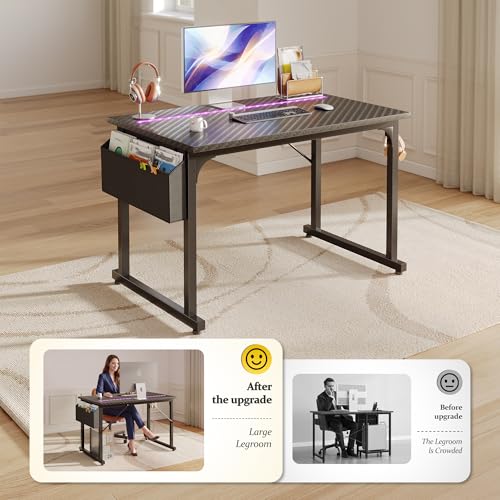 Image of DurayLoly 40 inch Gaming Desk with Waterproof LED Lights, Carbon Fiber Desktop for Small Spaces | Home Office Study Computer Desk with Storage Bag & Headphone Hook, Black