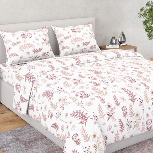 Image of Haus & kinder King Size Bed Sheet Cotton | Woven 100% Cotton Ring- Spun 210 TC Bedsheets for King Size Bed |108 X 108 Inches Bedsheet with 2 Pillow Covers - Whispering Meadows