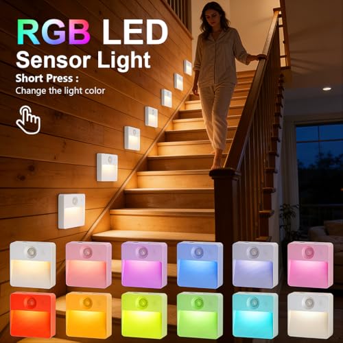 Image of ELEPHANTBOAT 2PCS RGB Motion Sensor LED Light, 16-Color Magnetic Wireless Rechargeable 3 Sensor Modes&Adjustable Brightness, Sensor Light for Home Indoor, Hallway, Staircase & Closet