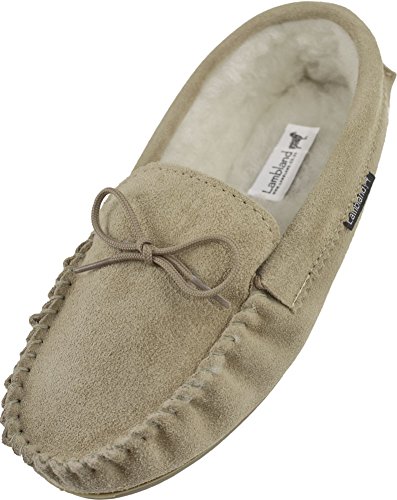 Lambland Men's UK Made Wool Lined Moccasins Rubber Sole Beige US 9
