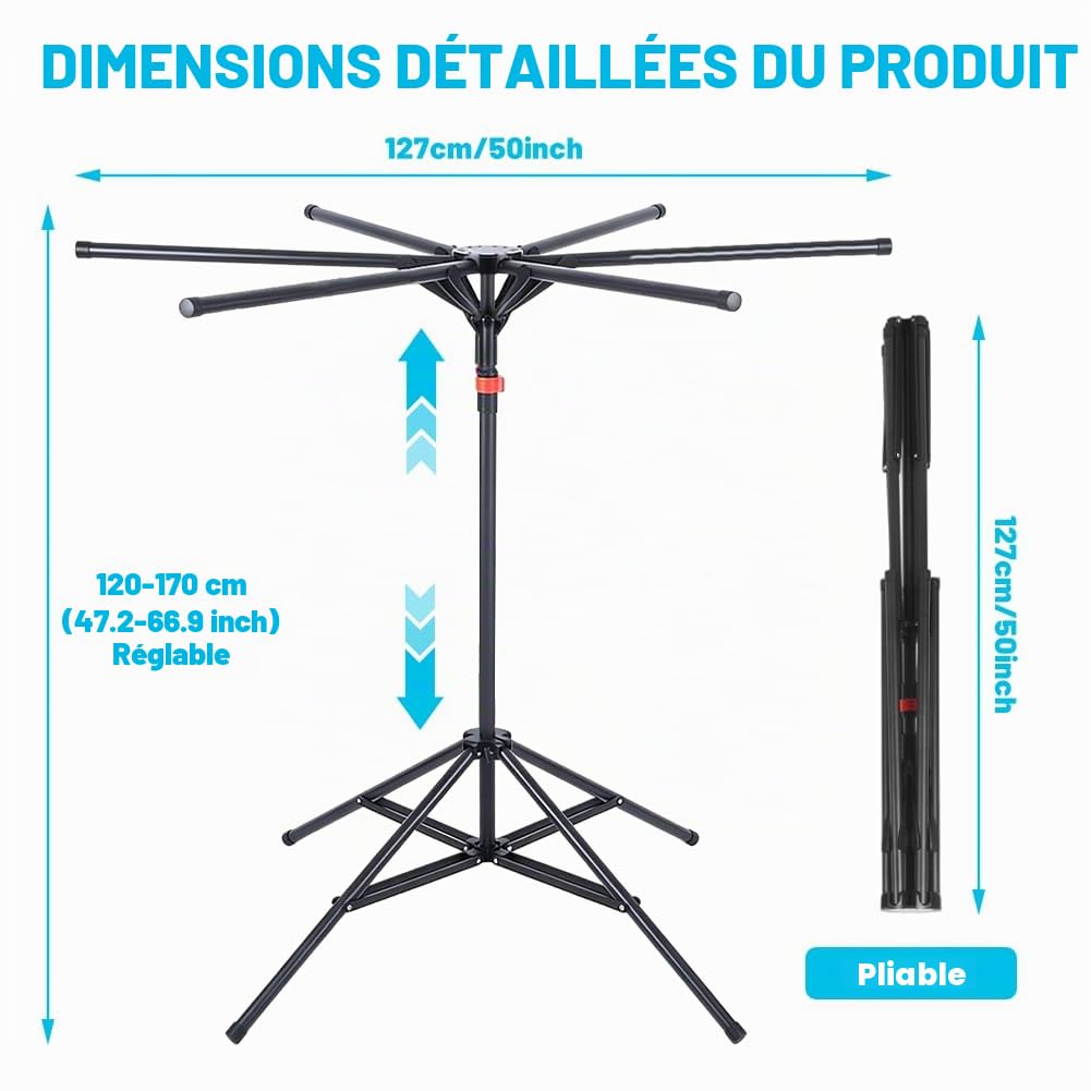 Séchoir à Linge Tour Pliable avec 6 Bras Extensibles | Hauteur Réglable 120-170 cm | Stable et Gain de Place pour Balcon, Intérieur, Extérieur (Noir)