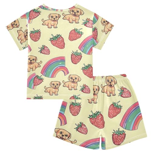 ALAZA Strawberry Puppy Dog Rainbow Yellow Pajamas Short Sleeve 2 Piece Sleepwear Top and Bottom Pajama Set Unisex2