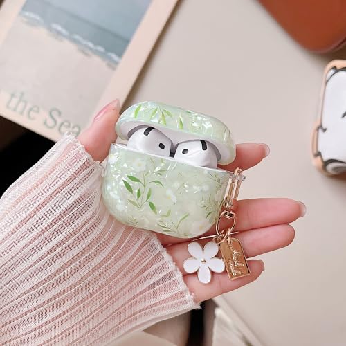 Image of MINSCOSE for Cute Glitter AirPods 4 Clear Case,Shell Pattern Pretty Flower Aesthetics Design with Girly Floral Keychain,Soft TPU Protective Cover with Cleaner Kit for Girls Women for AirPods 4-Green