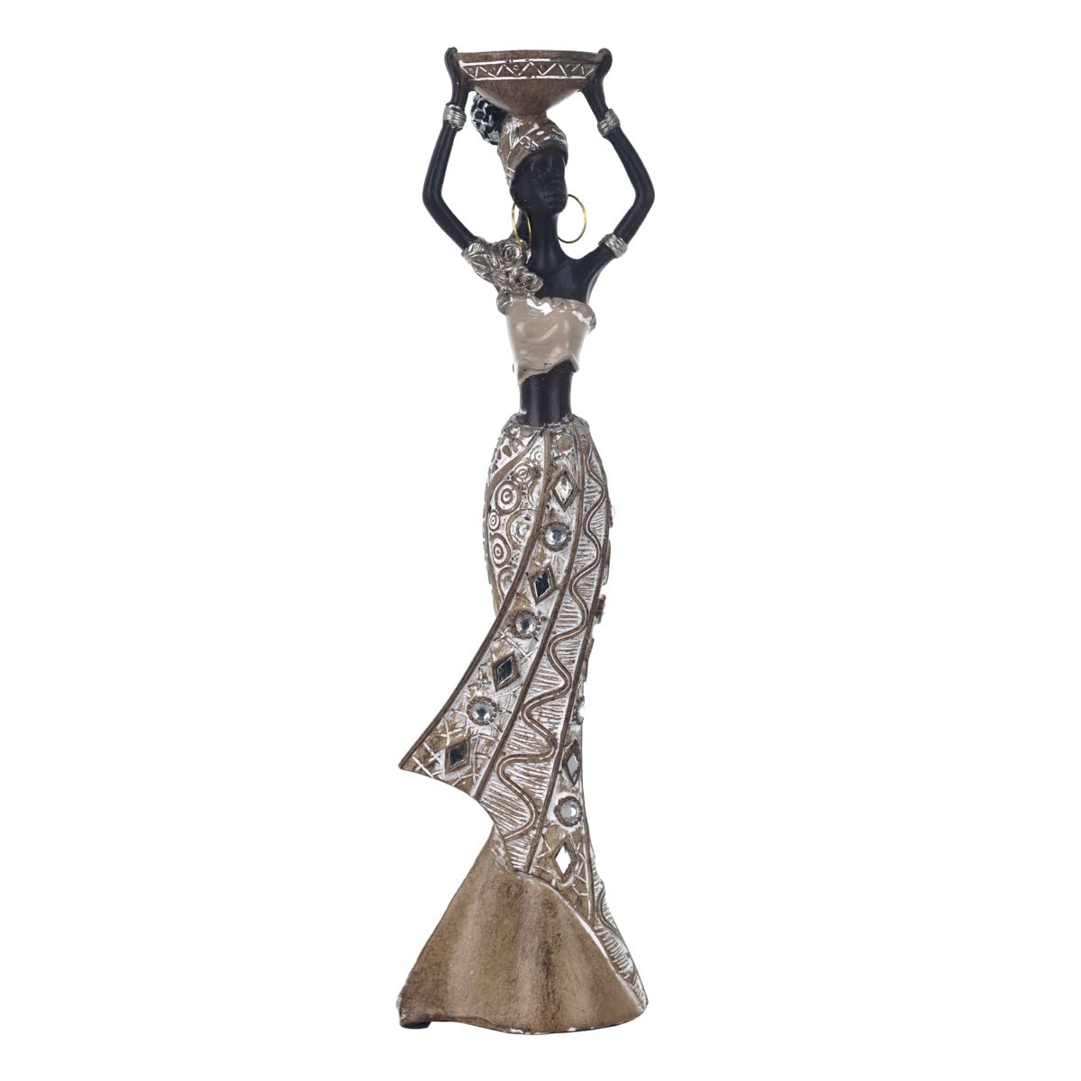 Figura Decorativa Multicolor de Resina Mujer Africana con Cuenco en Cabeza Adornos y Esculturas. Regalos Originales. Decoración Hogar. 8 x 5 x 28,50 cm