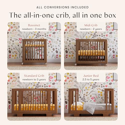 Image of Babyletto Yuzu Convertible All-Stages Bassinet, Midi, Full-Size Crib in Natural Walnut, Greenguard Gold Certified, Portable & Adjustable with Conversion Kits and Pads Included