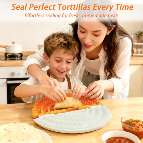 Image of 4-in-1 Tortilla Sealer Crimper Press - Adjustable 4 inch-6 inch-8 inch-10 inch Tortilla & Taco /Burrito Maker Tool with Metal Edge | Easy to Clean, BPA-Free, Durable & Fun for Family Cooking (Orange & Cream)