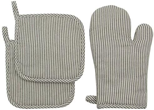 Cotton Oven Mitts and Pot Holders Set, Kitchen Quilted Oven Gloves, Hot Pan Mat Pads Set for Cooking Grilling Barbeque Baking Heat Resistant Set of 3 (3, Grey Stripes)