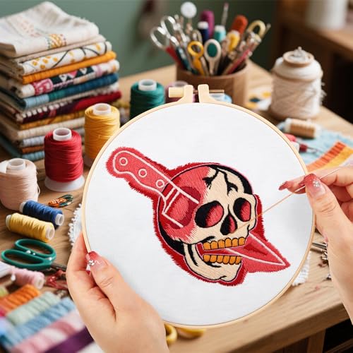 Image of Halloween Punk Embroidery Kits for Beginners Adults, Blood Skull Embroidery Starter Kits, Halloween Cross Stitch Kits for Beginners Adults Hobbies for Women, Embroidery Fabric, Hoop and Video Tutorial