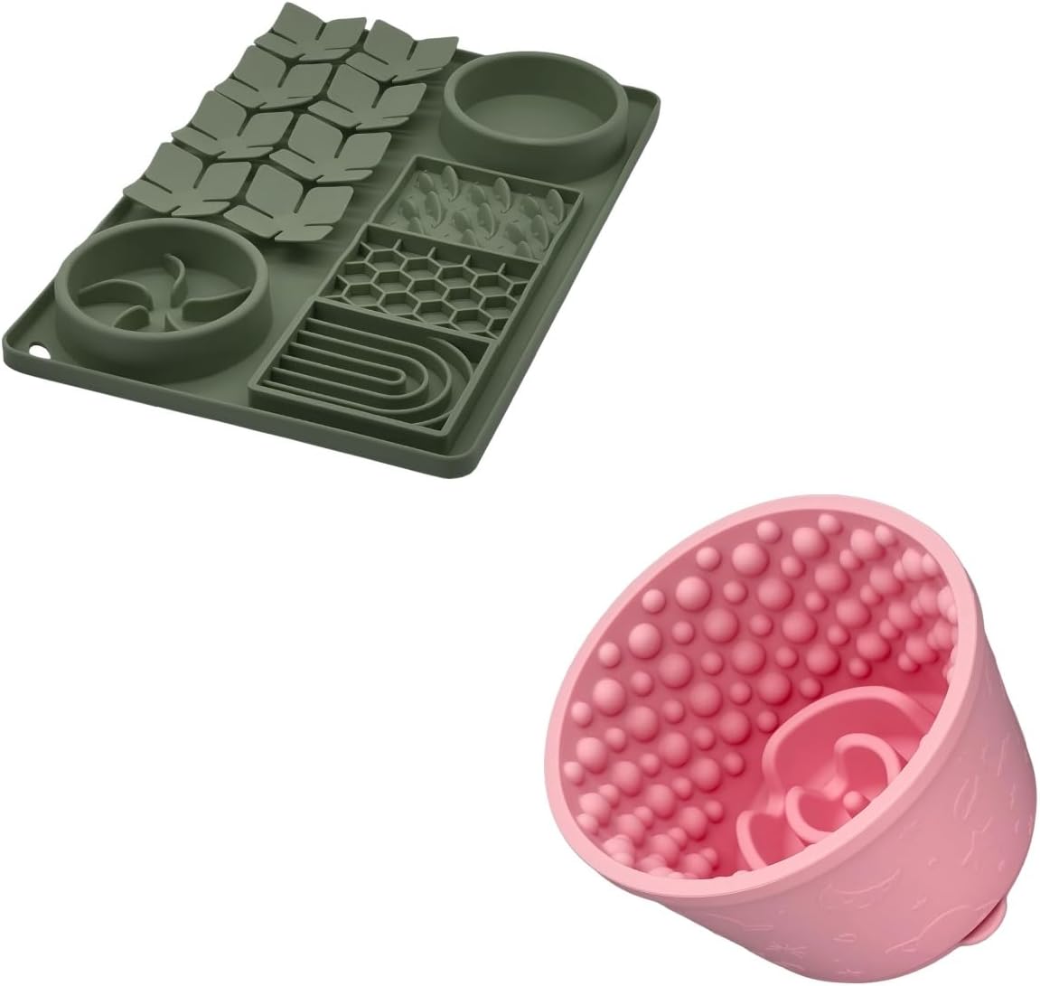 Slow Feeder Bowl Bundle: Dark Green 4in1 Licking mat (15.75" x 10.5" x 1.2") + Pink Starry Sky Feeder (5.3" x 3.7"), Silicone Lick mat with Suction Cups for Slow Eating and Keep Busy