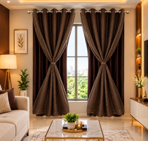Image of Double Curtains 2 in 1 Embroidery Transparent Curtain with 80% Blackout Curtain Best for Every Interior Living Room Grommet (D Coffee 5 feet Set 2)