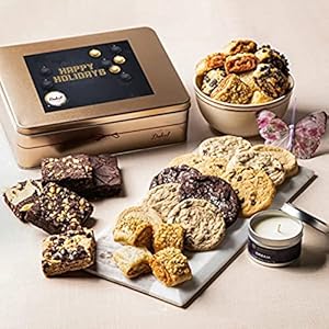 Dulcet Gift Baskets Happy Holiday Aroma Therapy Candle Gift Box ‘Classic Tin Treats Within’ Featuring a Variety of Brownies and Cookies What a Gift Idea for Him and Her with Fast Delivery