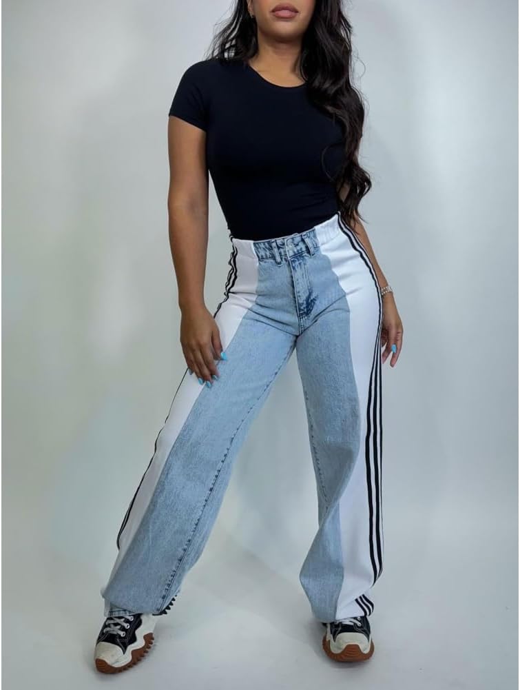 Women's Patchwork Striped high Waist Stretch Denim Color Matching Straight Wide Leg Fashionable Boyfriend Style Jeans