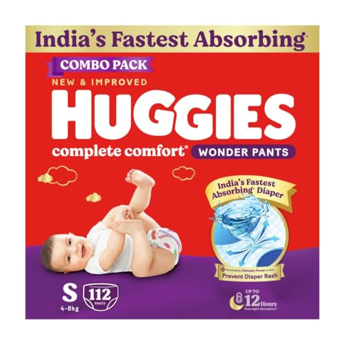 Huggies Complete Comfort Wonder Pants | Pant Style Baby Diapers Small Size (S), 112 Count | India's Fastest Absorbing Diaper, Prevents Diaper Rash, Ideal for 4 to 8 Kgs (56 Count, Pack of 2)