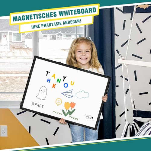QUEENLINK Magnetisch Doppelseitiges Whiteboard, 45x60cm Magnettafel mit Schwarzer Aluminiumrahmen, Magnetwand White Board mit Stiftablage und Haken