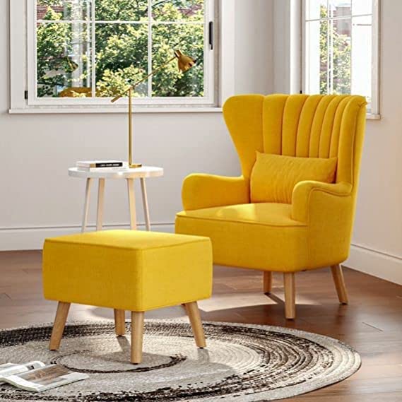 Image of Wing Chair for Living Room and Bedroom - High Back Cushioned Lounge Single Seater Sofa - Luxury Rest Arm Chair (Yellow)