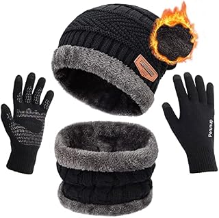 Petrunup Beanie Hat and Scarf Set Unisex, Mens Winter Slouch Hat Knit Gloves and Ski Neck Warmer with Fleece Lining for Women