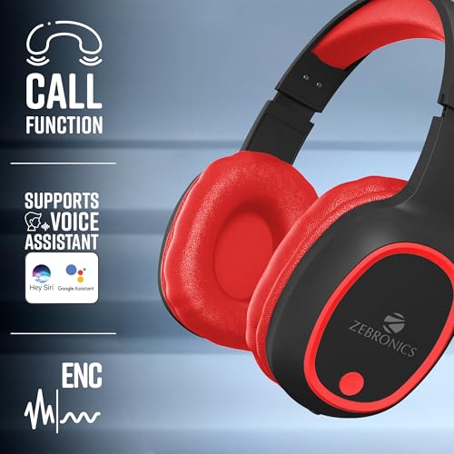 Image of ZEBRONICS Thunder Bluetooth 5.3 Wireless Over Ear Headphones with 60H Backup, Gaming Mode, Dual Pairing, Enc, Aux, Micro Sd, Voice Assistant, Comfortable Earcups, Call Function (Red)