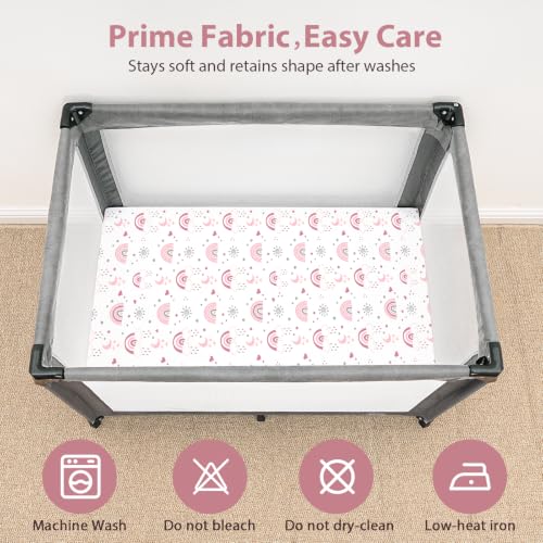 Image of Pack and Play Sheets Fitted, Mini Crib Sheets Girl 38 inch x 26 inch Compatible with Graco Pack n Play and Portable Playard Mattress Pads, 3-Pack Soft Microfiber Pink Rainbow