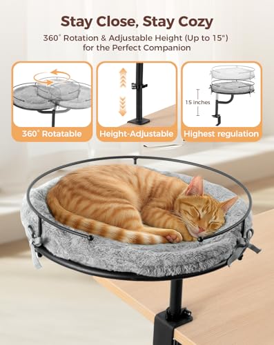 Cat Desk Bed, 360°Rotation & Height Adjustable Cat Bed for Desk Holds up to 40lbs, Machine-Washable Plush Cover - Image 3