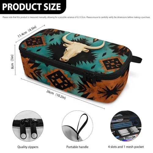 Image of Aztec Western Sheepshead Pencil Case for Kids Large Pencil Pouch for Boys Girls Lightweight Pencil Container for Children 3-18 Pencil Bag for Travelling Camping Hiking Handbag