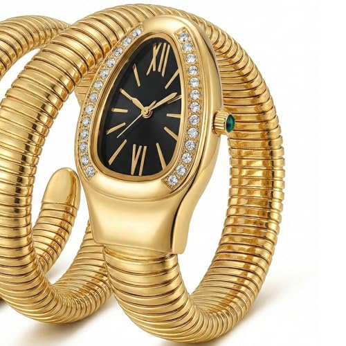Image of Serpentine Snake Watch for Woman with Spiral Bracelet, Green Dial Watch for Woman with Quartz, Stylish Analog Waterproof Serpenti Watches Women