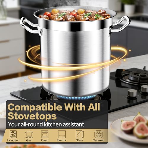 Image of Stainless Steel Stock Pot,20QT Large Stock Pot with Lid for Boiling Cooking Soup Stew Canning, Heavy Duty Tri-Ply Bottom for Boiling Cooking Soup Stew Canning Cooking Pots, Cookware Sauce Pots