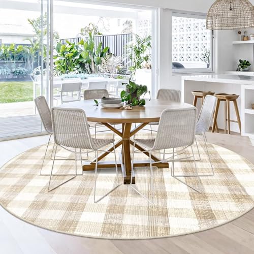 Image of Checkered Area Rug, 6 Ft, Round, Beige | Washable, Non Slip, Modern Neutral, For Living Room Bedroom Office Patio Dining Room