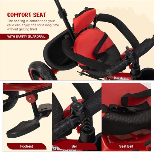 Image of Baybee 2 in 1 Baby Tricycle for Kids | Smart Balance Baby Trikes with Parental Handle, Cushion Seat, Safety Guardrail & Dual Storage | Kids Cycle for 2-5 Years Boy Girl (Tovino Red)