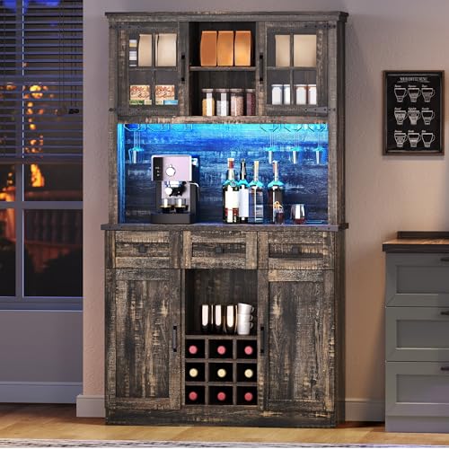 YITAHOME 72" Farmhouse Coffee Bar Cabinet with Power Outlet & RGB LED Light, Tall Liquor Cabinet with Door & Wine & Glasses Rack,3 Drawers, Kitchen Buffet Hutch for Living Dining Room, Rusti