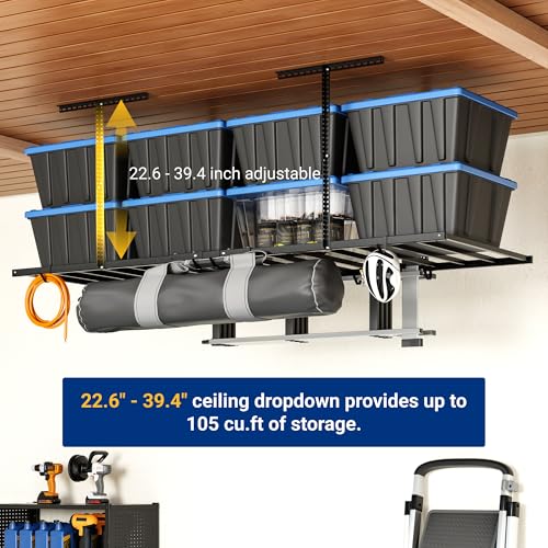 FLEXIMOUNTS-4x8-Overhead-Garage-Ceiling-Storage-Rack-with-6-Hooks-Black-750lbs-Capacity-226394-Adjustable-Dropdown-Heavy-Duty-Metal-Ceiling-Racks-Storage-Organization-System-Lite-Series