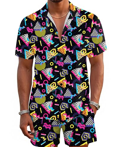 UYIQL 80s 90s Costume for Men Retro Theme Hawaiian Shirt and Pant Black XL