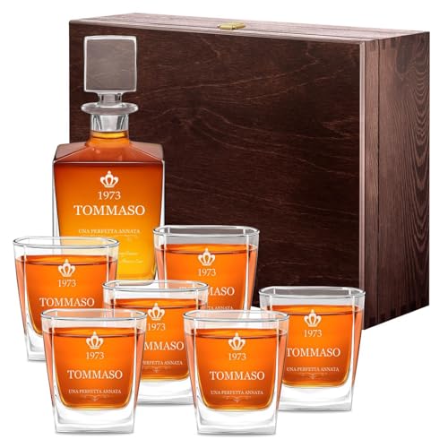 Maverton set Caraffa da whisky e cognac + 6 bicchieri - con incisione personalizzata - Decanter in vetro per whiskey da 0,81 L - Bottiglia per compleanno - pensiero per papà - perfetta annata